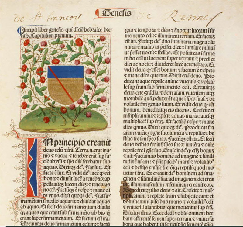 Incunable enrichi d’armoiries enluminées et d’une initiale peinte en rouge et bleu, ajoutées à la main à la même époque.